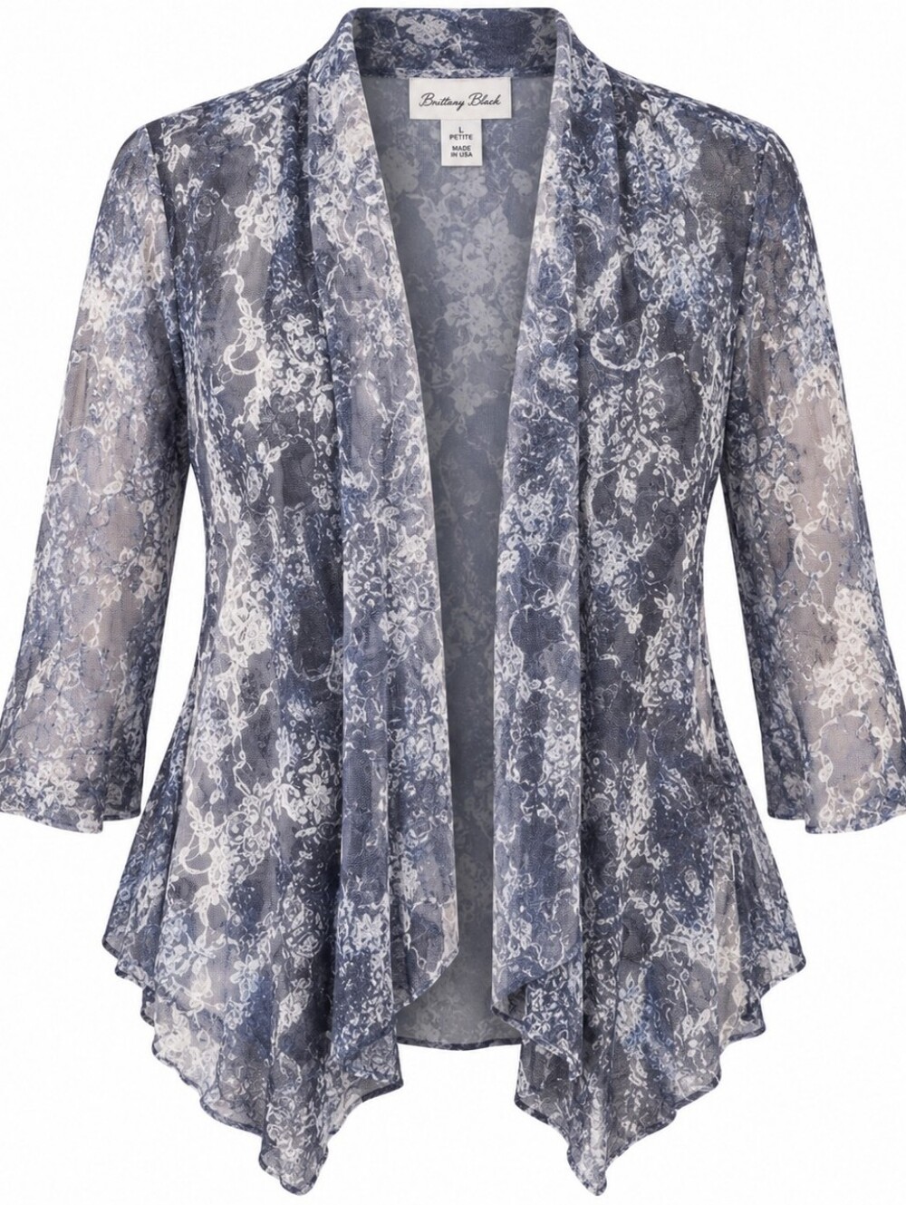 BRITTANY BLACK | Blue White Sheer Lace Waterfall Whimsigoth Cardigan | L Petite